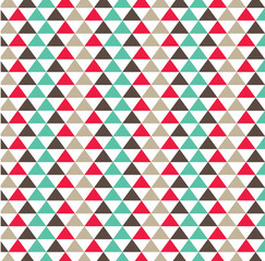 Obraz premium Colorful triangle seamless pattern with red, teal, beige and brown tones. Trendy geometric background for textile, wrapping paper, packaging and web design.