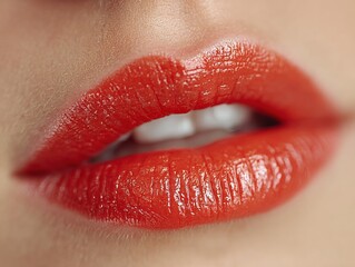 Persimmon Lipstick on Lips Extreme Close Up with Smooth Satin Gloss Finish Isolated on White Background Beauty Advertising Concept