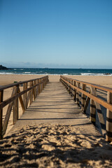 Fototapeta premium Wooden boardwalk leading to sandy beach and calm ocean under clear blue sky minimal coastal landscape perspective travel nature background