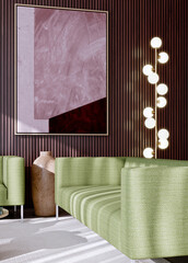 Naklejka premium Large illustration 3D rendering luxury modern bright interiors Living room mockup with Couch and Ceiling Fan Ventilation