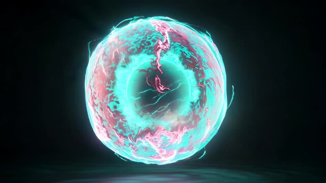 Abstract pulsing quantum energy sphere with teal pink lightning spark floating in dark futuristic science void representing reactor power physics technology plasma orb and dynamic neon magic