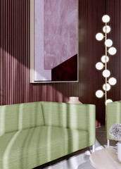 Naklejka premium Large illustration 3D rendering luxury modern bright interiors Living room mockup with Couch and Ceiling Fan Ventilation