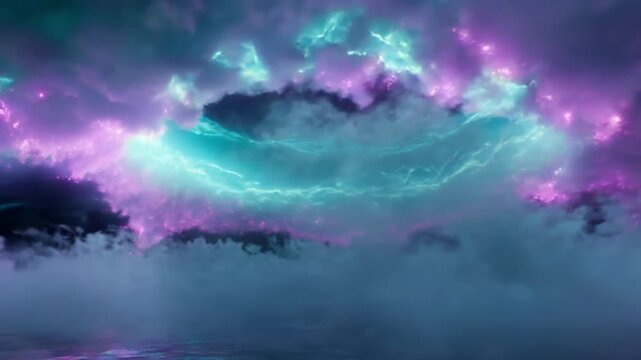 Surreal fantasy cloud vortex swirling over dark water reflecting vibrant teal purple glowing neon magic portal showing majestic cosmic energy universe mystery and ethereal ocean dimension