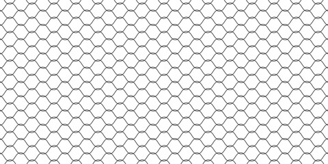 Fishing or soccer net. Repeated hexagon pattern. Black wired mesh texture isolated on white background. Metallic or fabric fence, cage or lattice structure. Vector graphic Illustration. © Lia