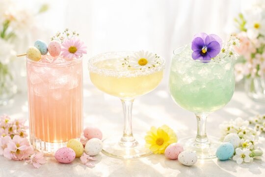 Festive Easter cocktails with pastel eggs and fresh flowers, perfect for spring celebrations