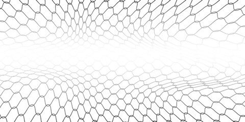 Fishing or soccer net. Repeated hexagon pattern. Black wired mesh texture isolated on white background. Metallic or fabric fence, cage or lattice structure. Vector graphic Illustration. © Lia
