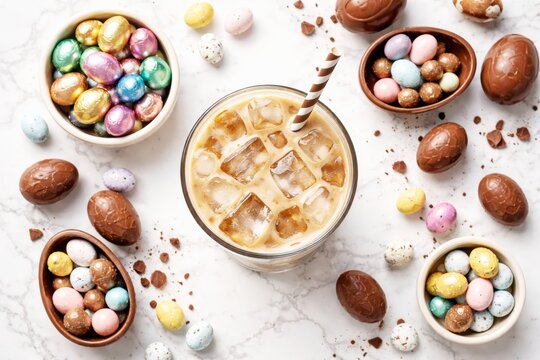 Refreshing iced coffee with colorful Easter chocolate eggs and candy on a marble surface