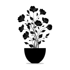 A simple black and white illustration of a potted plant with flowers