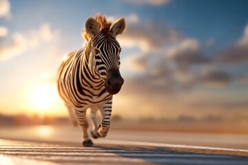 Fototapeta premium Zebra Sprinting Through Desert-Themed Competition Arena at Sunset