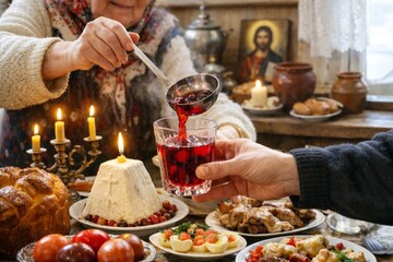 Traditional Easter meal with family, serving homemade berry drink and festive dishes © Denisz