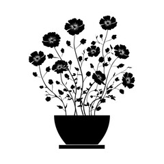 A black silhouette of flowers in a pot on a white background