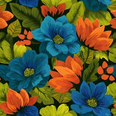 A vibrant floral pattern featuring colorful flowers and leaves on a dark background