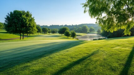 Serene Morning on a Lush Golf Course with Dewy Grass and Soft Shadows