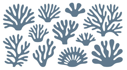 Marine coral reef collection for coastal design. Blue coral silhouette shapes set isolated on white background.  © Songrami
