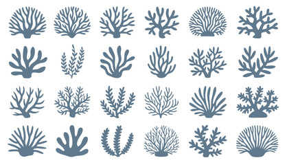 Marine coral branches and reef shapes set for coastal design. Underwater marine coral reef silhouettes set isolated on white background. © Songrami