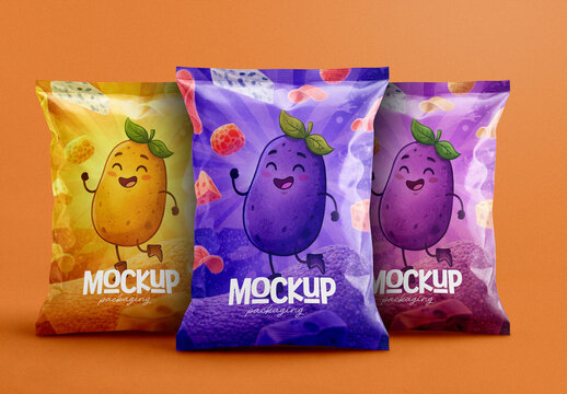 Potato Chips Snack Pouch Packaging Mockup with Cartoon Character and Editable Background