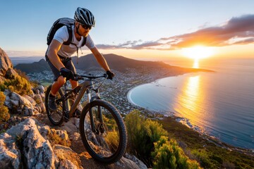 Fototapeta premium Mountain biker navigates rocky trail during sunset in coastal landscape