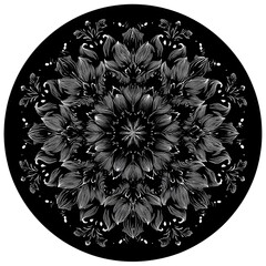 A beautiful black and white mandala design on a circular background