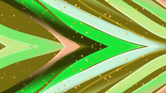Abstract green shapes converging at a central point with golden dots scattered throughout