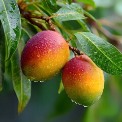 Two ripe mangos hanging from a tree branch with green leaves