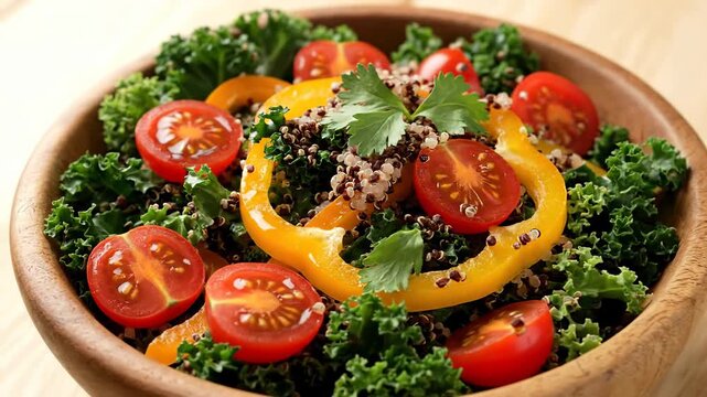 A healthy kale and quinoa salad in a wooden bowl