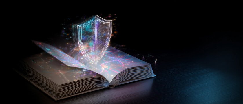 Livro com s&iacute;mbolo de escudo representando prote&ccedil;&atilde;o de informa&ccedil;&otilde;es, conformidade, legisla&ccedil;&atilde;o, seguran&ccedil;a de dados e conhecimento corporativo.