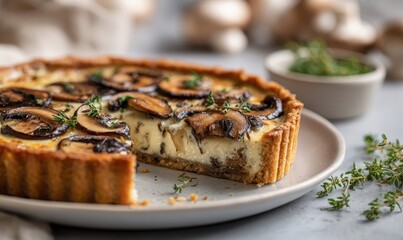 A mushroom pie is cut in half and served on a white plate