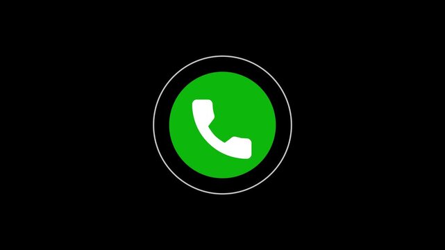 Incoming phone call icon animation with green button and white ringing pulses on black background