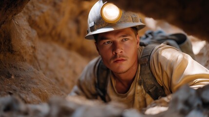 Fototapeta premium Determined miner navigating through narrow tunnels, his hard helmet reflecting the faint glow of headlamps. The dimly lit scene resonates with a sense of adventure as the miner pushes onward