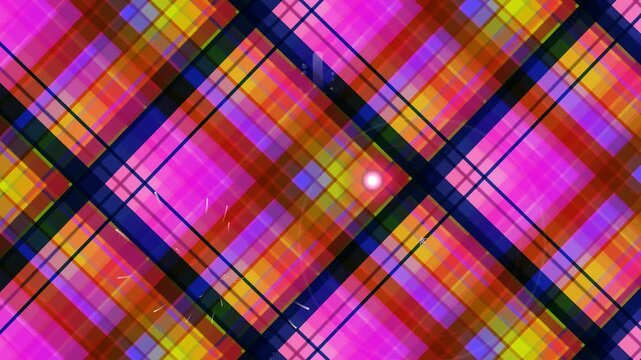 Vibrant plaid pattern with intersecting lines and colorful textures in a kaleidoscope design viewed from directly above