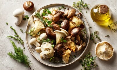 A white plate with mushrooms and herbs on it