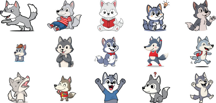 Collection of cartoon wolf characters in various poses and outfits