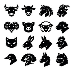 Fototapeta premium Farm animal head icons arranged in grid on dark background