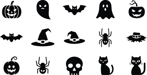 Obraz premium Collection of black halloween silhouette icons featuring pumpkins ghosts bats spiders and cats