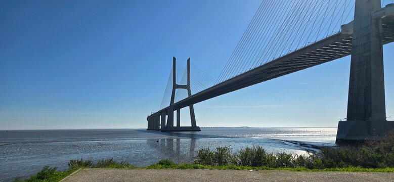 Vasco da Gama Bridge Over Tejo River at Low Tide, Lisbon, Portugal