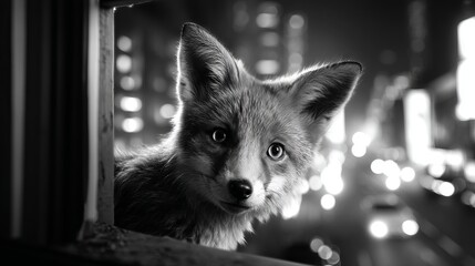 Fototapeta premium Fox Observing the Urban Night Through a Window in Dark Setting