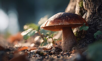 Fototapeta premium A mushroom is sitting on the ground next to a tree