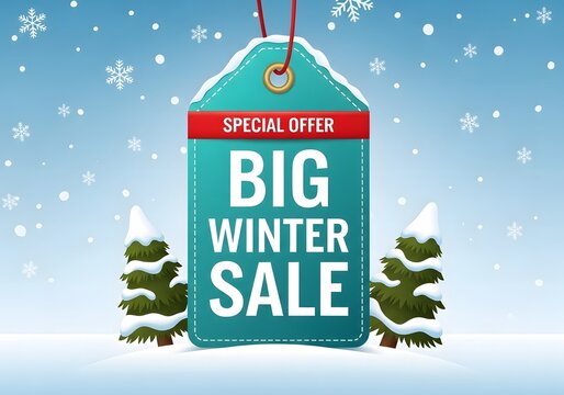 A festive advertisement for a big winter sale with a special offer tag.