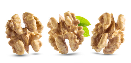 Walnuts kernel in closeup on white background