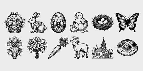 Vintage hand drawn woodcut easter icon bundle featuring church religious cross lamb bunny chick eggs nest butterfly and spring flowers. © Rusa