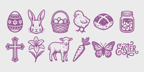 Hand drawn vintage religious and holiday celebration icon bundle featuring bunny rabbit chick lamb cross lily carrot butterfly symbols. © Rusa