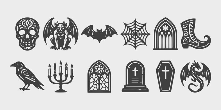 Vintage gothic halloween icon bundle featuring spooky skull gargoyle bat spider web raven candelabra tombstone coffin and mythical dragon symbols.