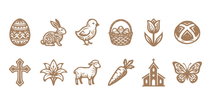 Rustic Woodcut Easter Icon Collection Featuring Vintage Hand Drawn Religious Celebration Elements For Decorative Seasonal Branding Projects Minimalist Graphic Vector