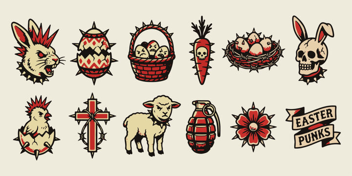 Edgy Easter Punk Icon Bundle Featuring Rebellious Bunny Skull Mohawked Chick Spiked Egg Cross Grenade For Alternative Holiday Graphic Design Projects