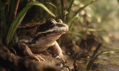 Obraz premium A frog is sitting on the ground in a grassy area