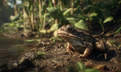 Obraz premium A frog is sitting on the ground near a body of water