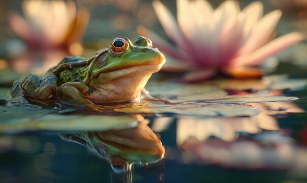 A frog is sitting in a pond with a pink flower in the background