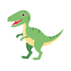 Fototapeta premium A cute dinosaur character in a dynamic pose, set against a solid background. The cheerful creature features a vibrant green body and expressive features. 