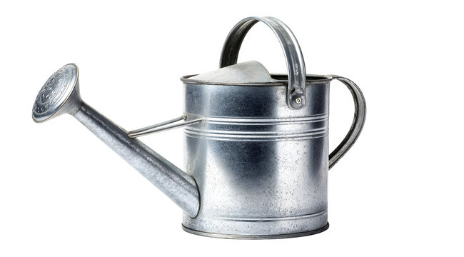 A vintage metal watering can with a long spout and handle on a transparent background