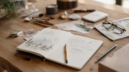 Creative workspace with sketches, tools, and nature inspiration on a wooden table